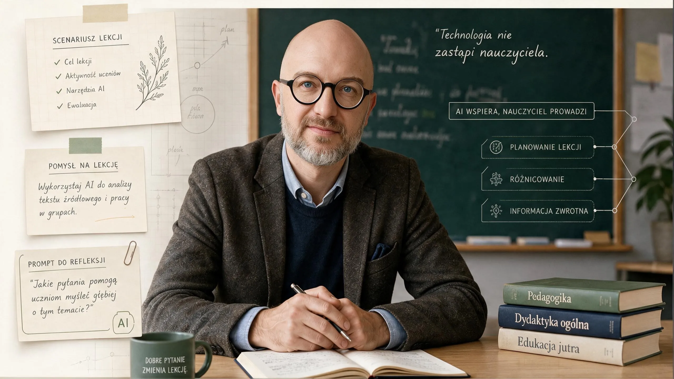 Krzysztof Saja przy biurku w klasie, z notatkami i scenariuszem lekcji